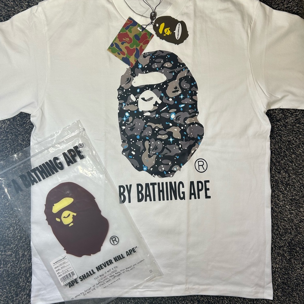 Bape White Short Sleeve Tee with Black and Gray, Size Medium (runs small)